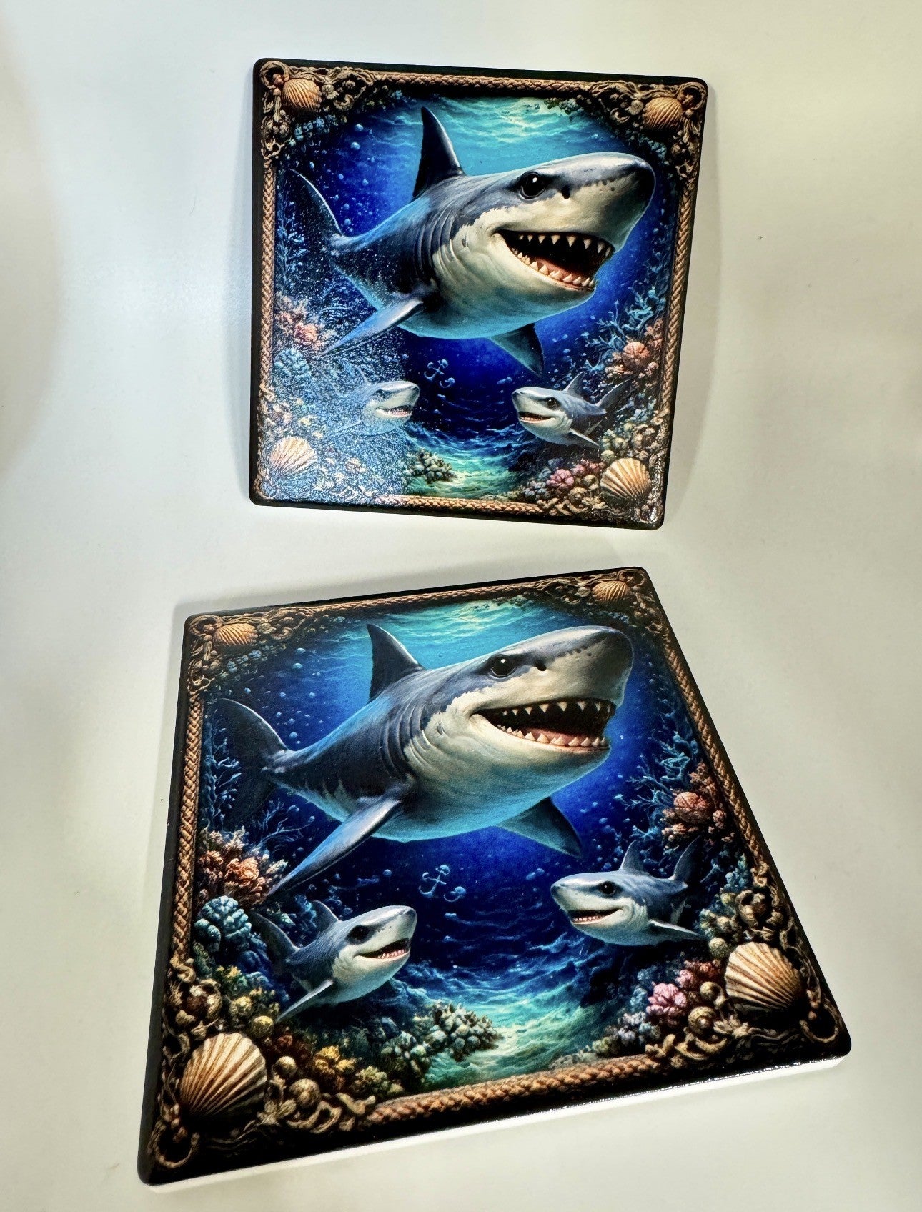 Great White Shark UV DTF Printed 2-Piece Coaster Set