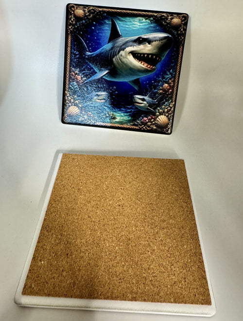 Great White Shark UV DTF Printed 2-Piece Coaster Set